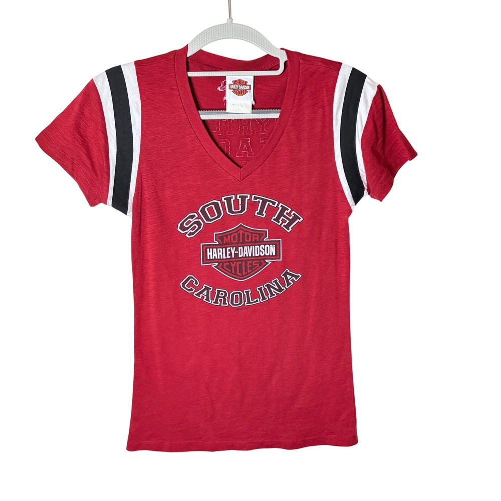 Harley-Davidson Vintage Graphic V-Neck Tee Womens S Red Myrtle Beach Biker